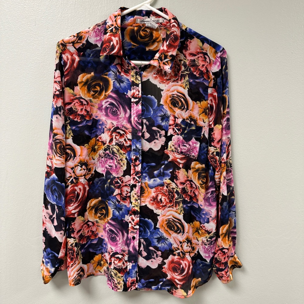 American Rag Womens Floral Sheer Chiffon Button Down Blouse Draped‎ Open Back L
